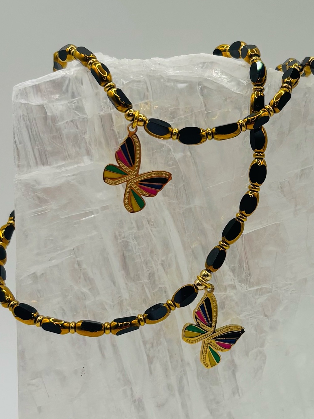*ANKLET* S. Steel Rainbow Butterfly with Black Crystal Glass Stretchy Anklet